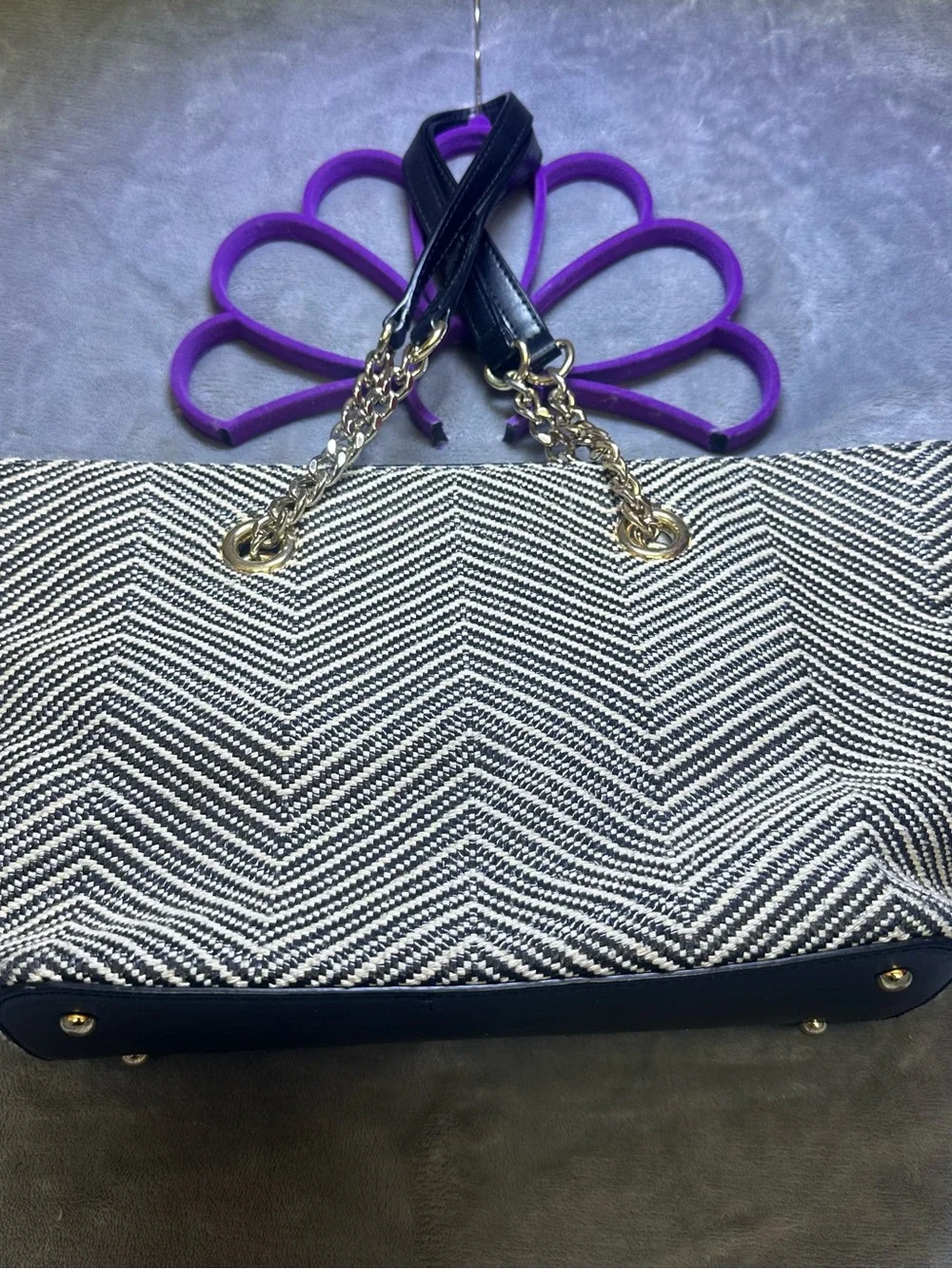 Calvin Klein Navy and White Chevron Tote with Black Leather Straps